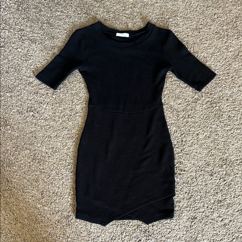 Nordstrom Lush black Ribbed sweater mini Dress with asymmetrical skirt